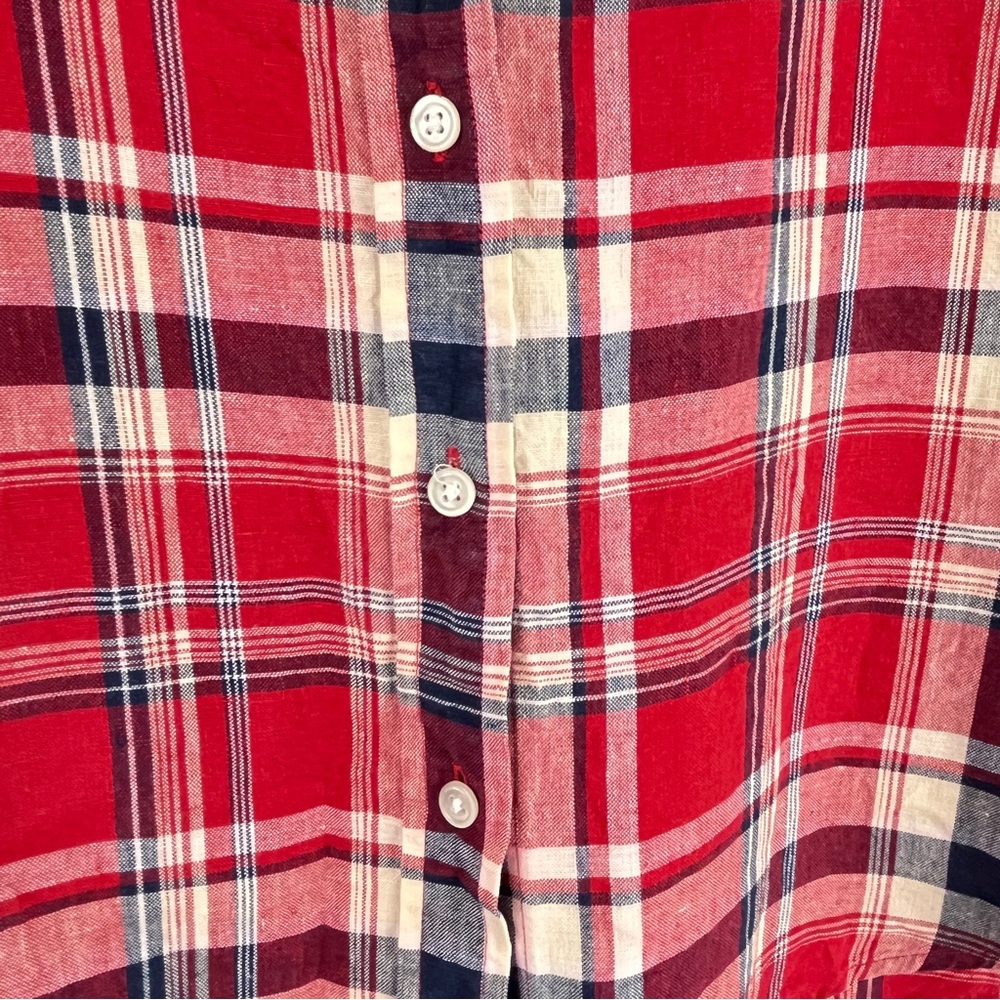 VTG Lauren Ralph Lauren 100% Linen Plaid Button Up Shirt Navy Red Off-White S/M - Picture 9 of 14